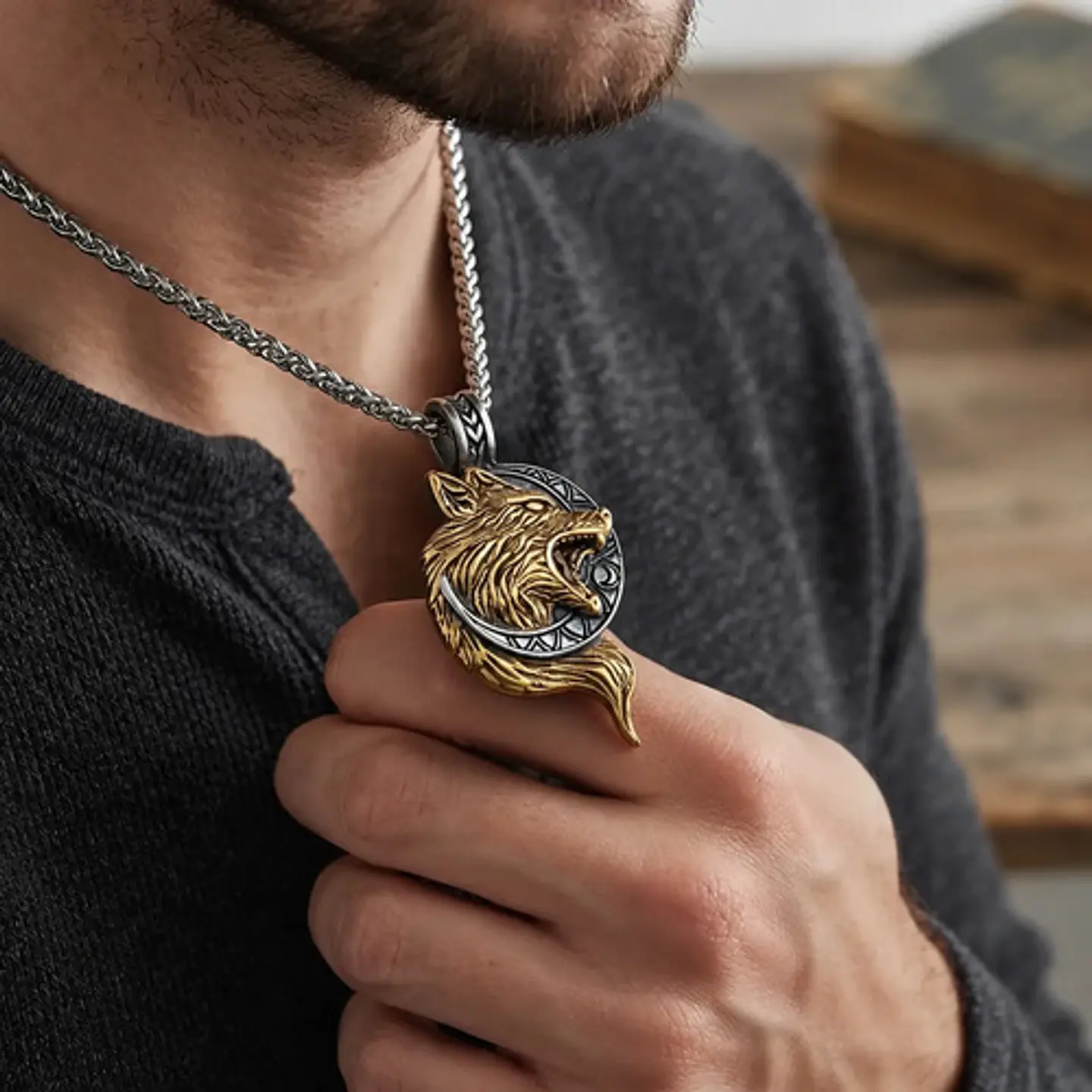 Collar Vikingo En Acero Para Hombre Dije Con Lobo Hati Luna 10