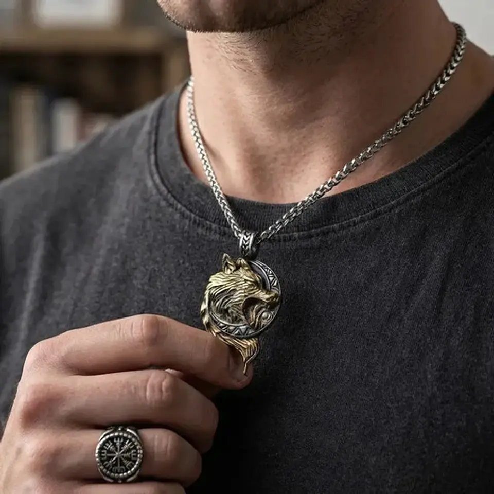 Collar Vikingo En Acero Para Hombre Dije Con Lobo Hati Luna 11