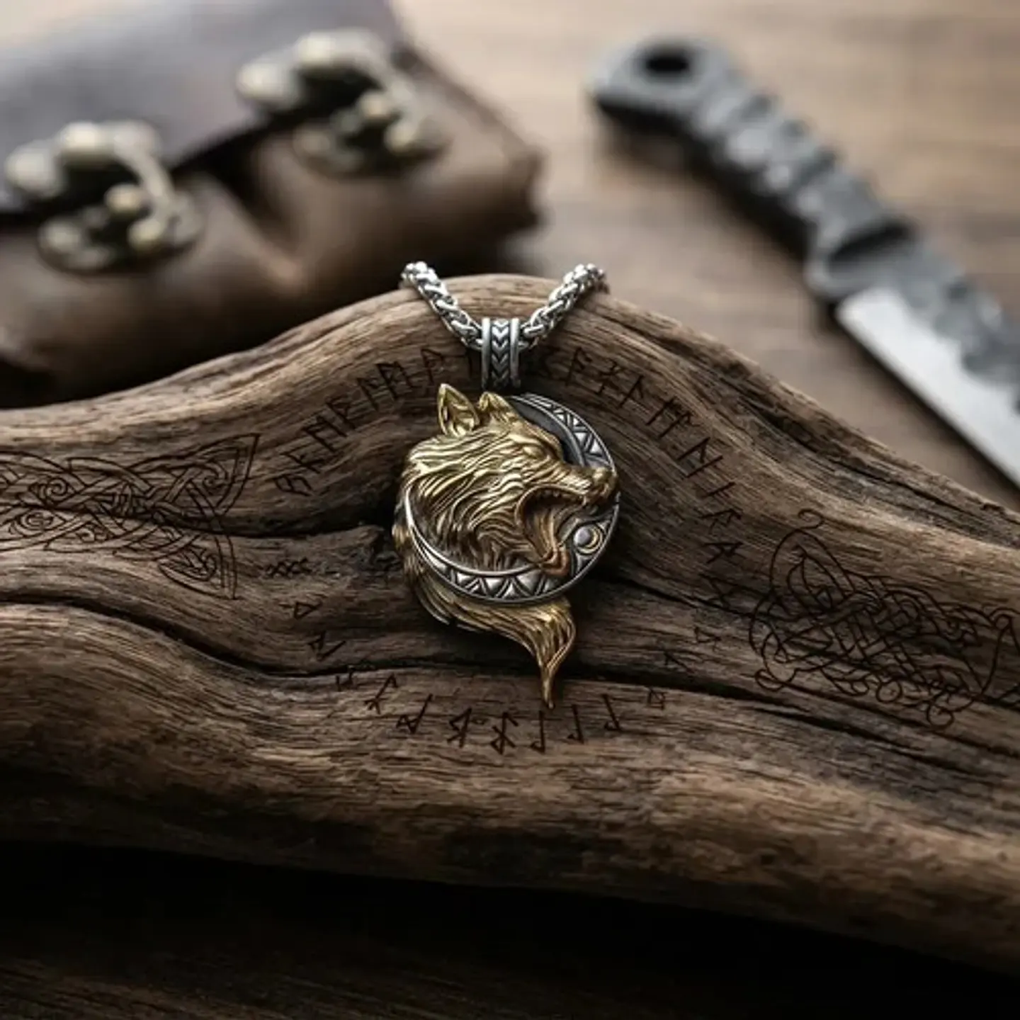 Collar Vikingo En Acero Para Hombre Dije Con Lobo Hati Luna 12