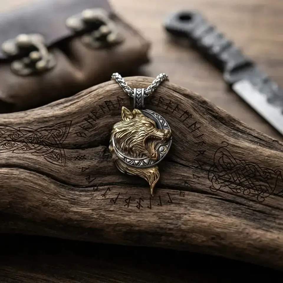 Collar Vikingo En Acero Para Hombre Dije Con Lobo Hati Luna 12