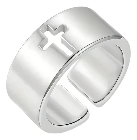Anillo Argolla Clásica Cruz Color Plata De Acero Para Hombre