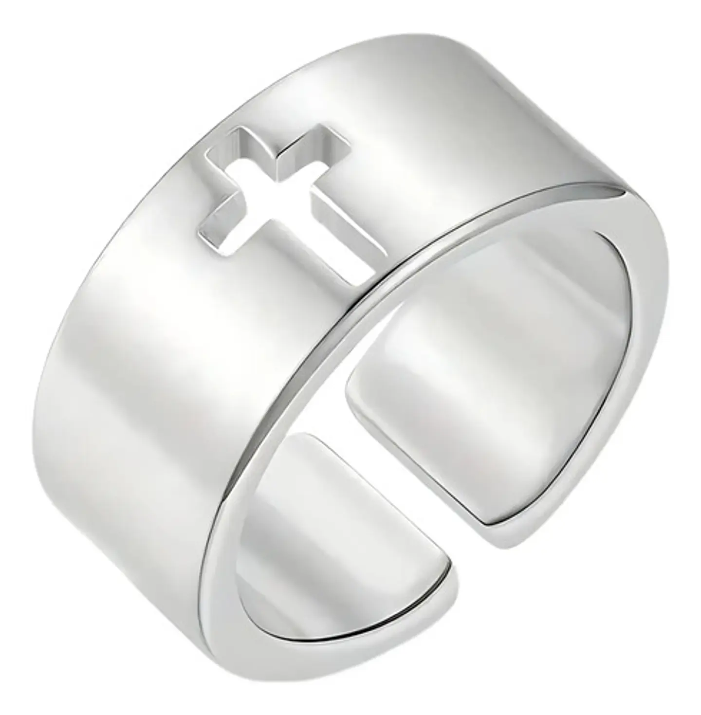 Anillo Argolla Clásica Cruz Color Plata De Acero Para Hombre 1