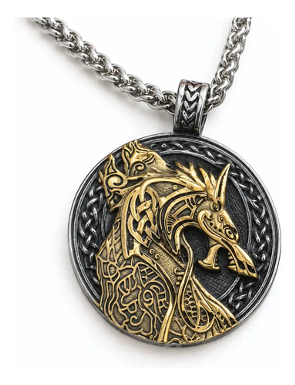 Collar Vikingo Dorado Acero Para Hombre Dije Dragon Drakkar 1