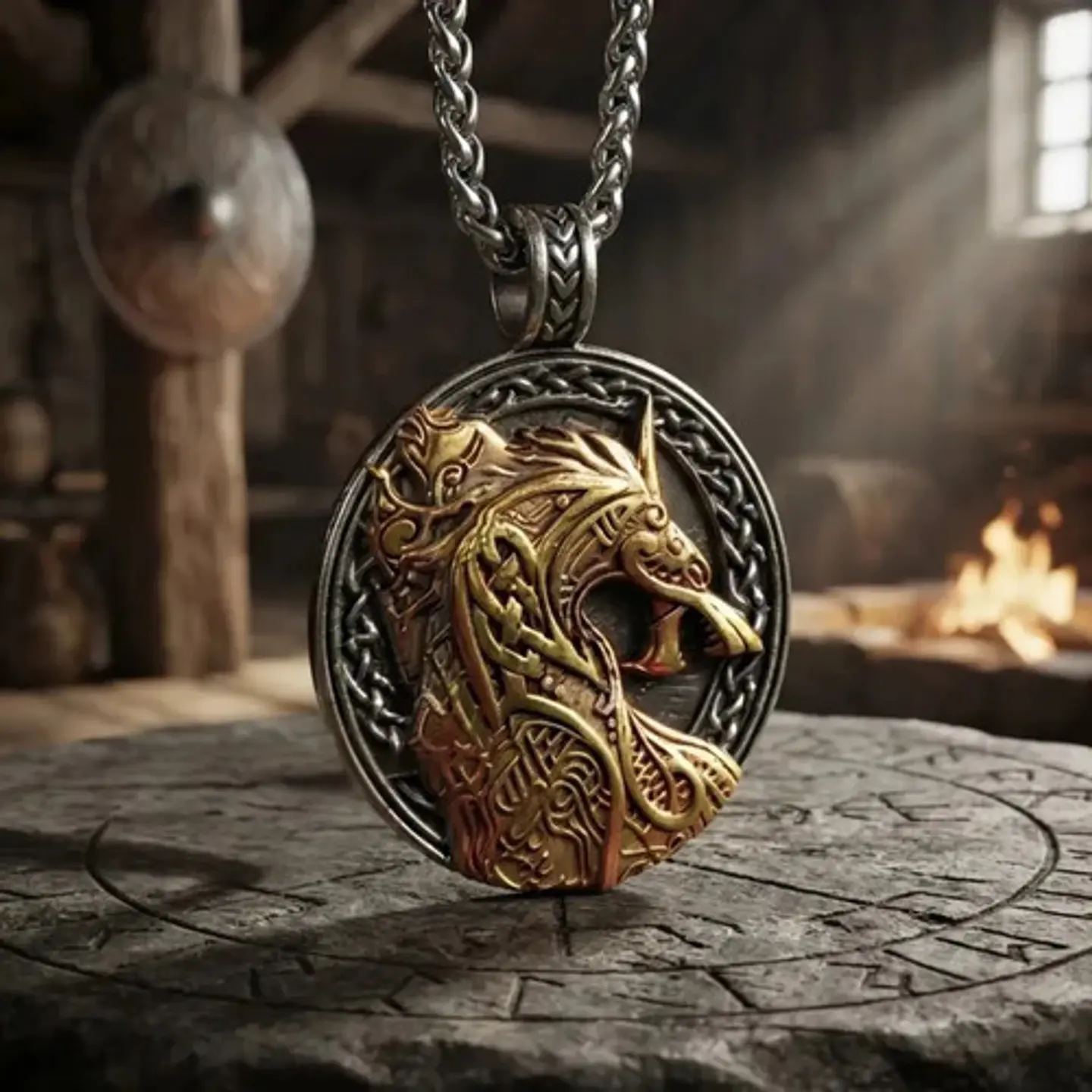 Collar Vikingo Dorado Acero Para Hombre Dije Dragon Drakkar 11