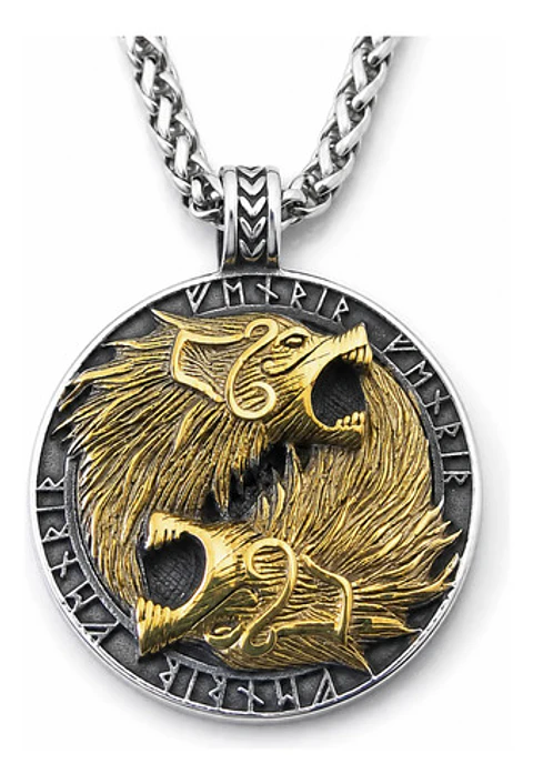 Collar Vikingo En Acero Para Hombre Dije Lobos Fenrir Runas
