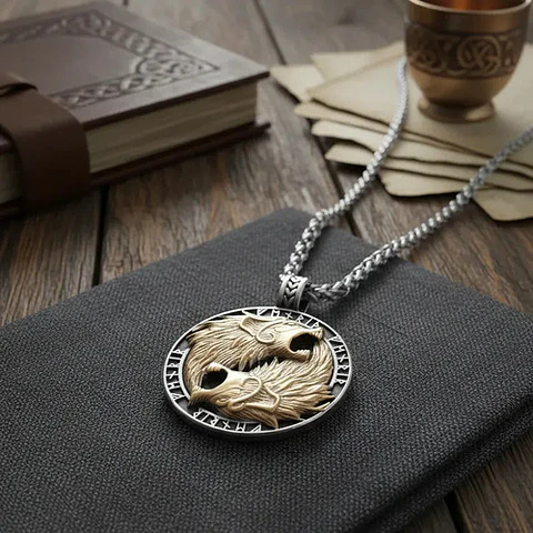 Collar Vikingo En Acero Para Hombre Dije Lobos Fenrir Runas