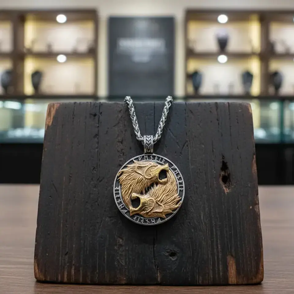 Collar Vikingo En Acero Para Hombre Dije Lobos Fenrir Runas 3