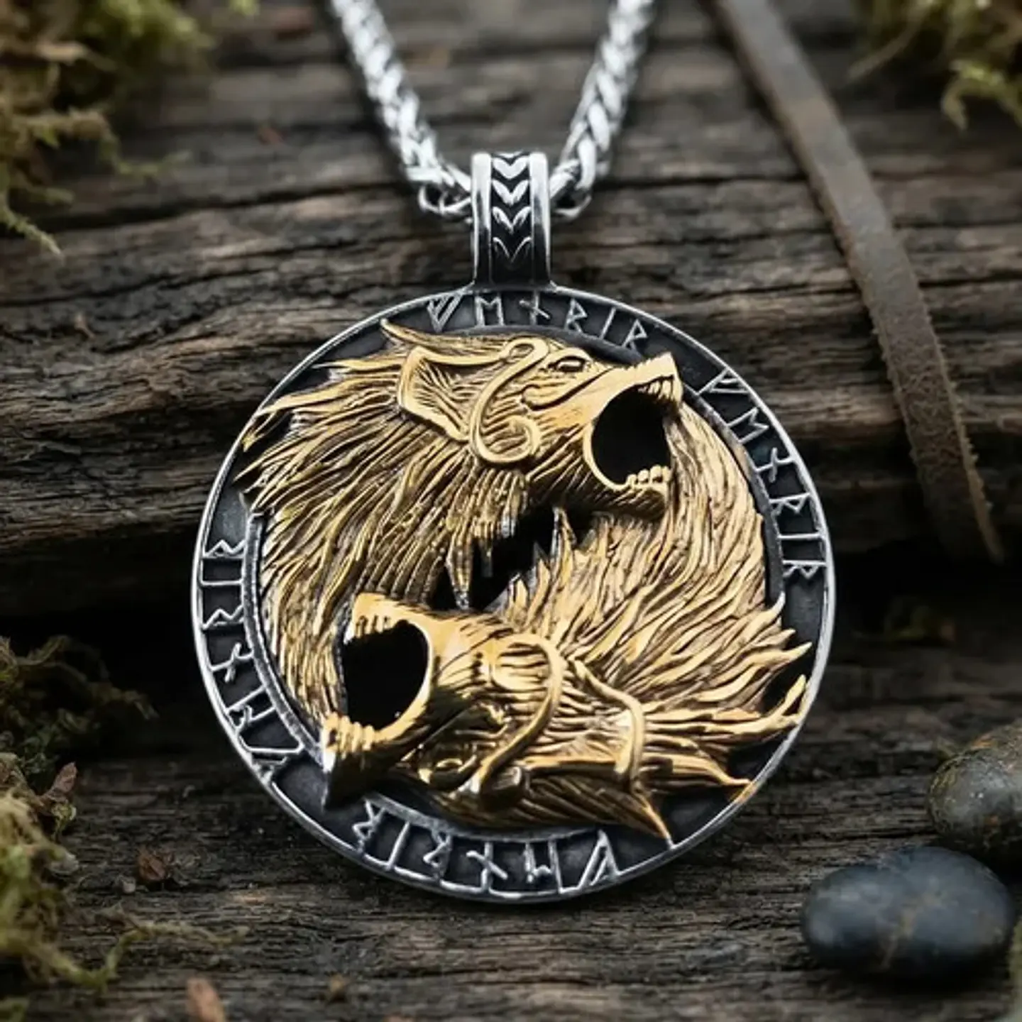 Collar Vikingo En Acero Para Hombre Dije Lobos Fenrir Runas 4
