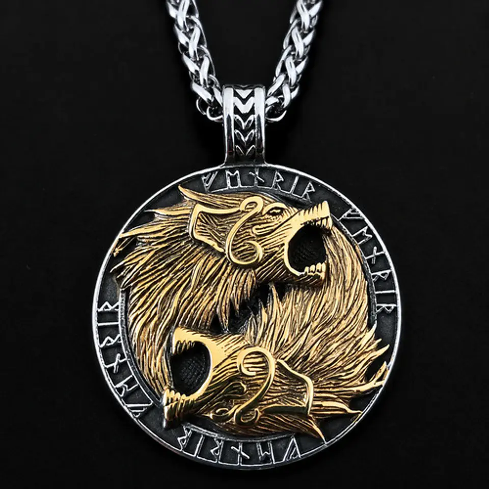 Collar Vikingo En Acero Para Hombre Dije Lobos Fenrir Runas 6