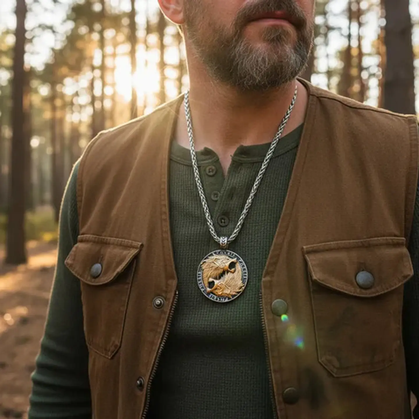 Collar Vikingo En Acero Para Hombre Dije Lobos Fenrir Runas 11