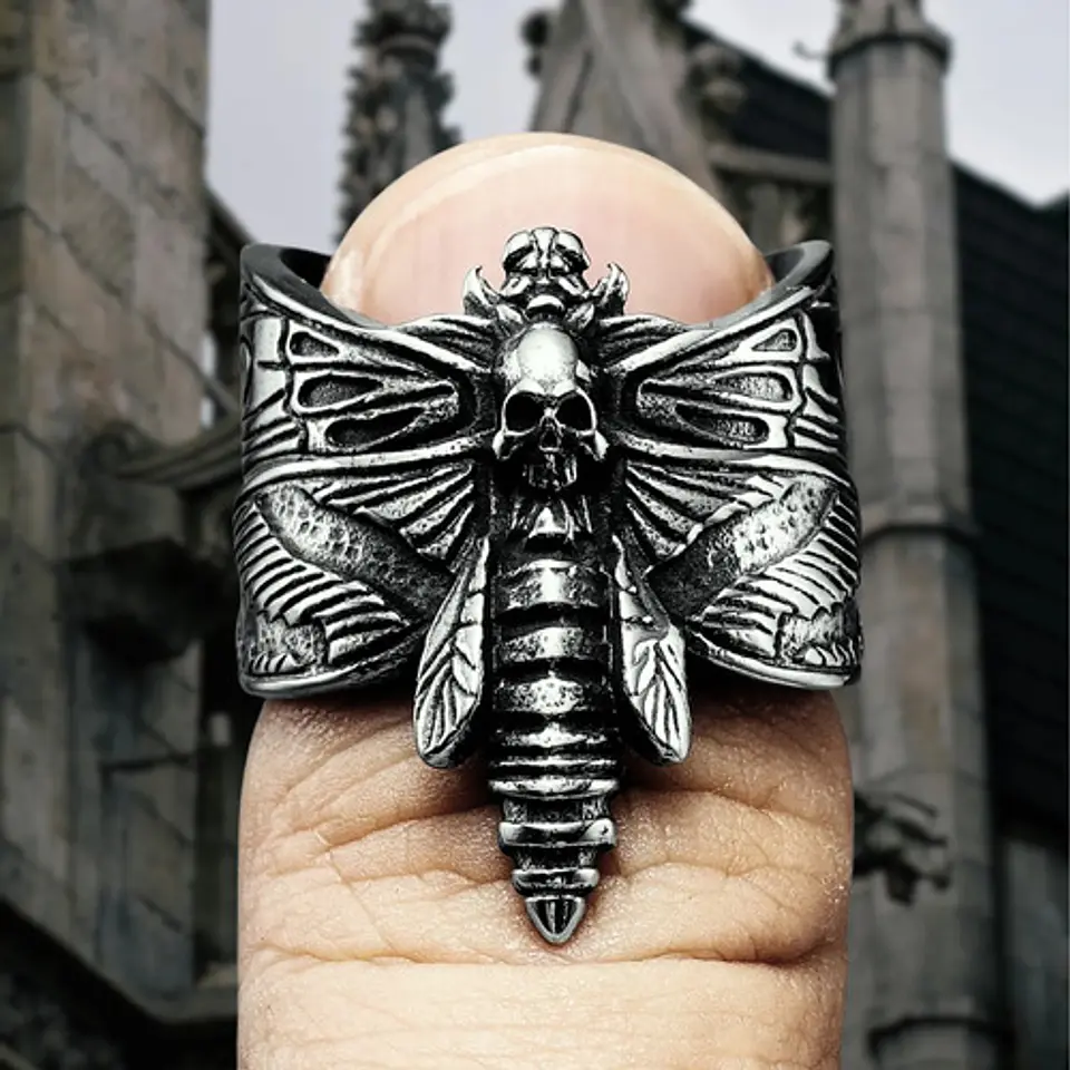 Anillo Polilla Cráneo Color Plata De Acero Para Hombre Mujer 3