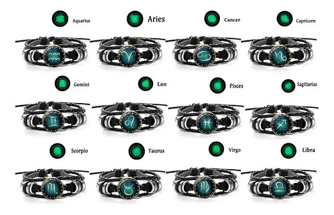 Manilla De Cuero Brilla En La Oscuridad Signo Zodiaco Hombre