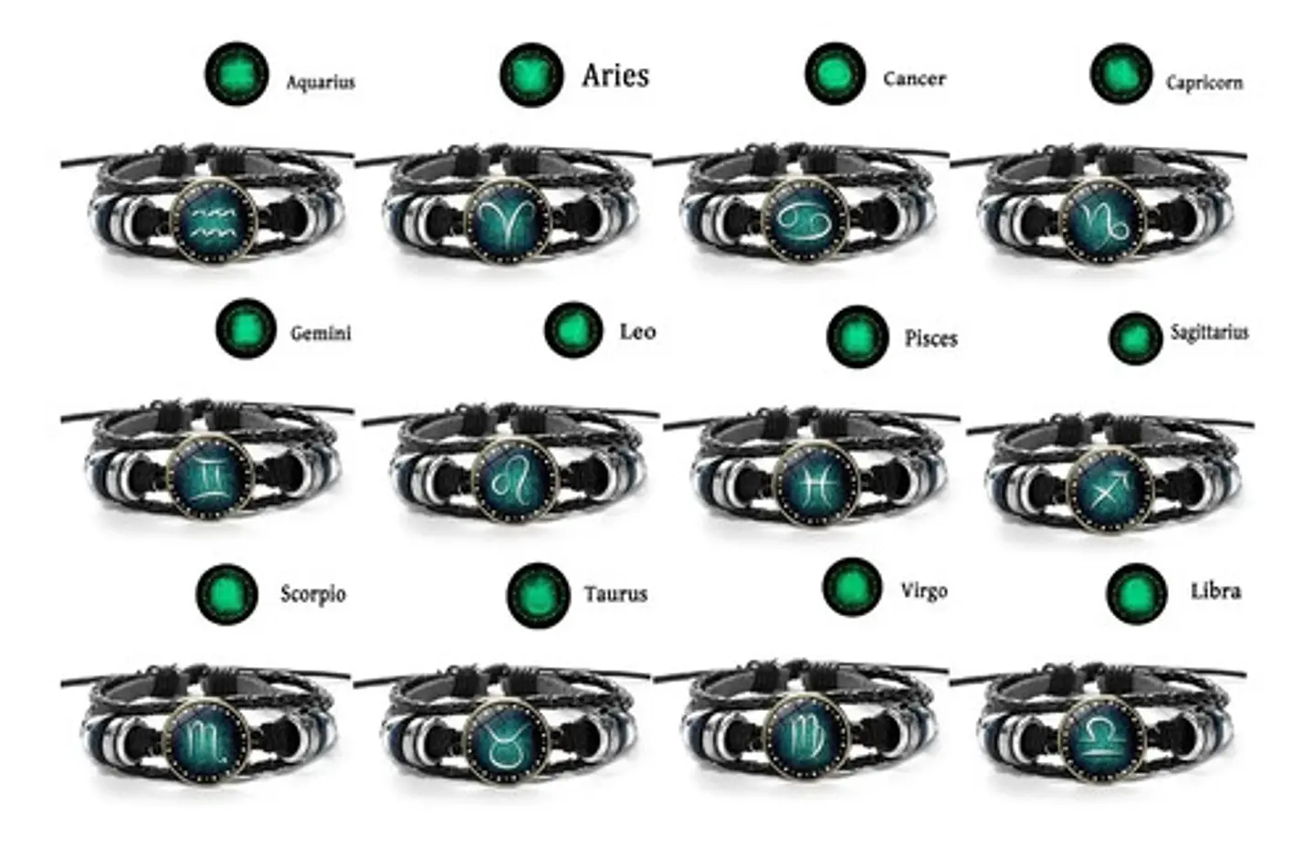 Manilla De Cuero Brilla En La Oscuridad Signo Zodiaco Hombre 2