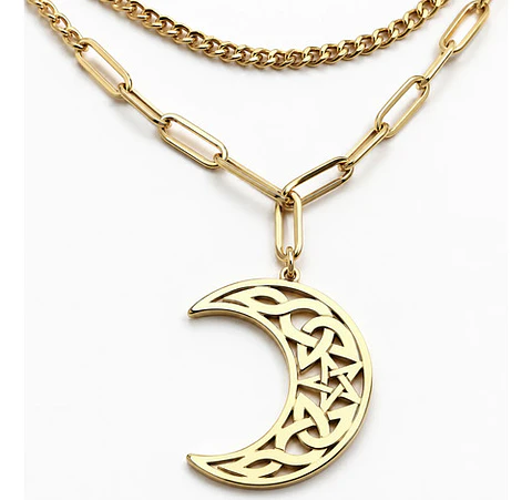 Collar En Acero Para Mujeres Dije Luna Creciente Wicca Bruja