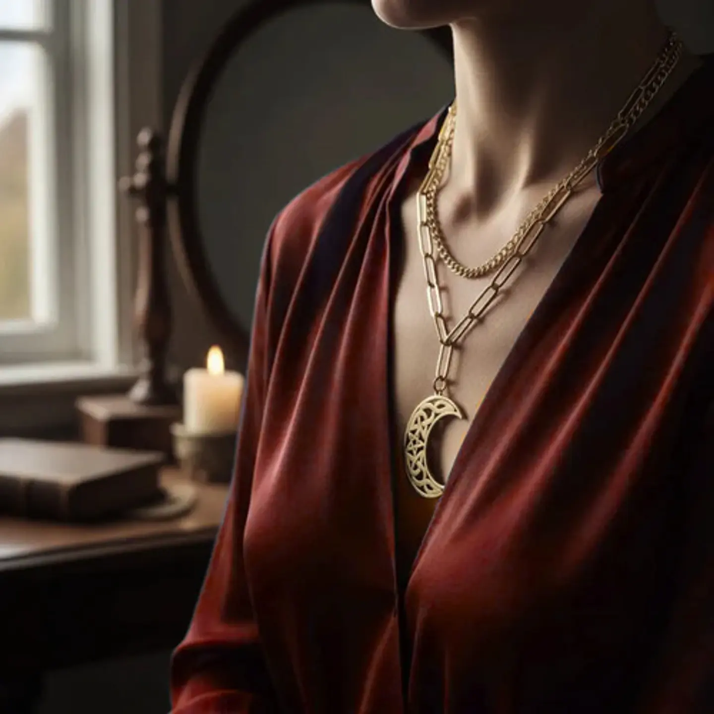 Collar En Acero Para Mujeres Dije Luna Creciente Wicca Bruja 5