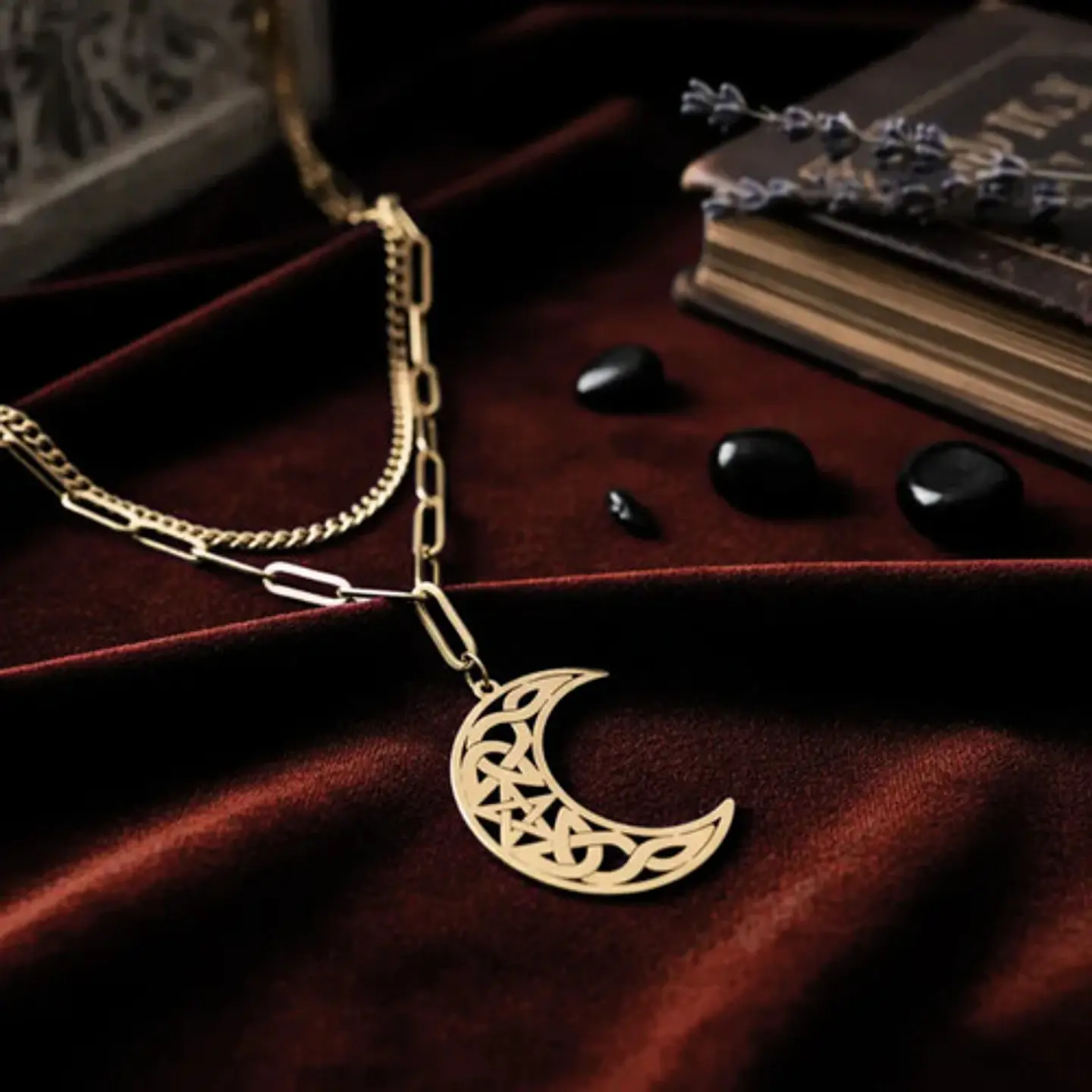 Collar En Acero Para Mujeres Dije Luna Creciente Wicca Bruja 7