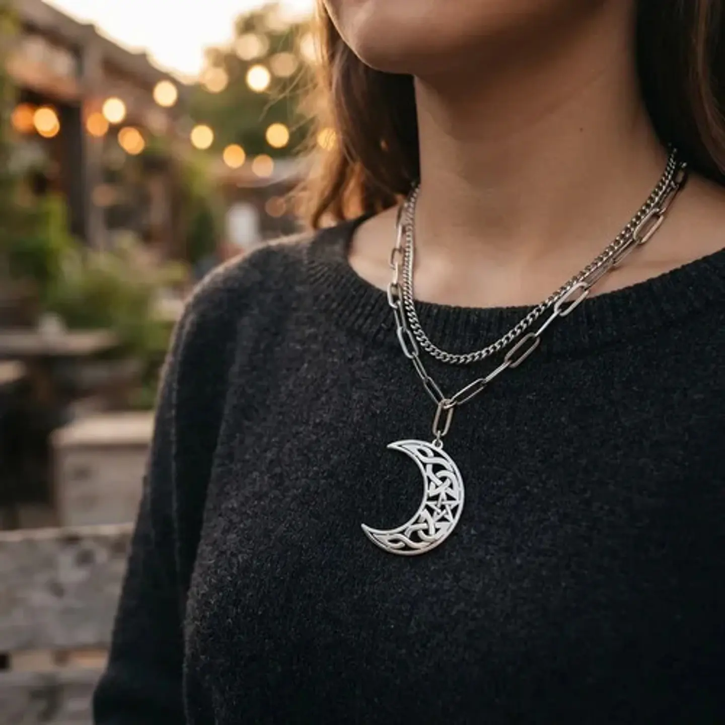 Collar En Acero Para Mujeres Dije Luna Creciente Wicca Bruja 12