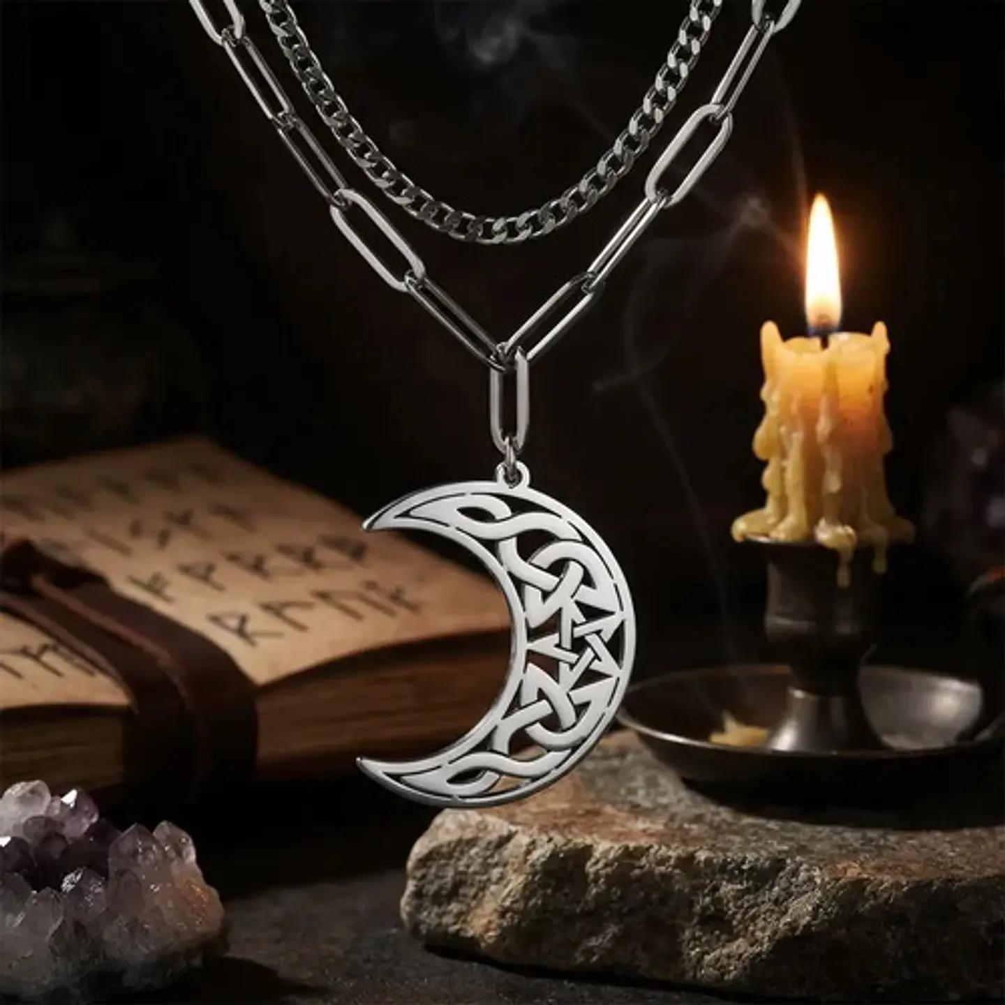 Collar En Acero Para Mujeres Dije Luna Creciente Wicca Bruja 13
