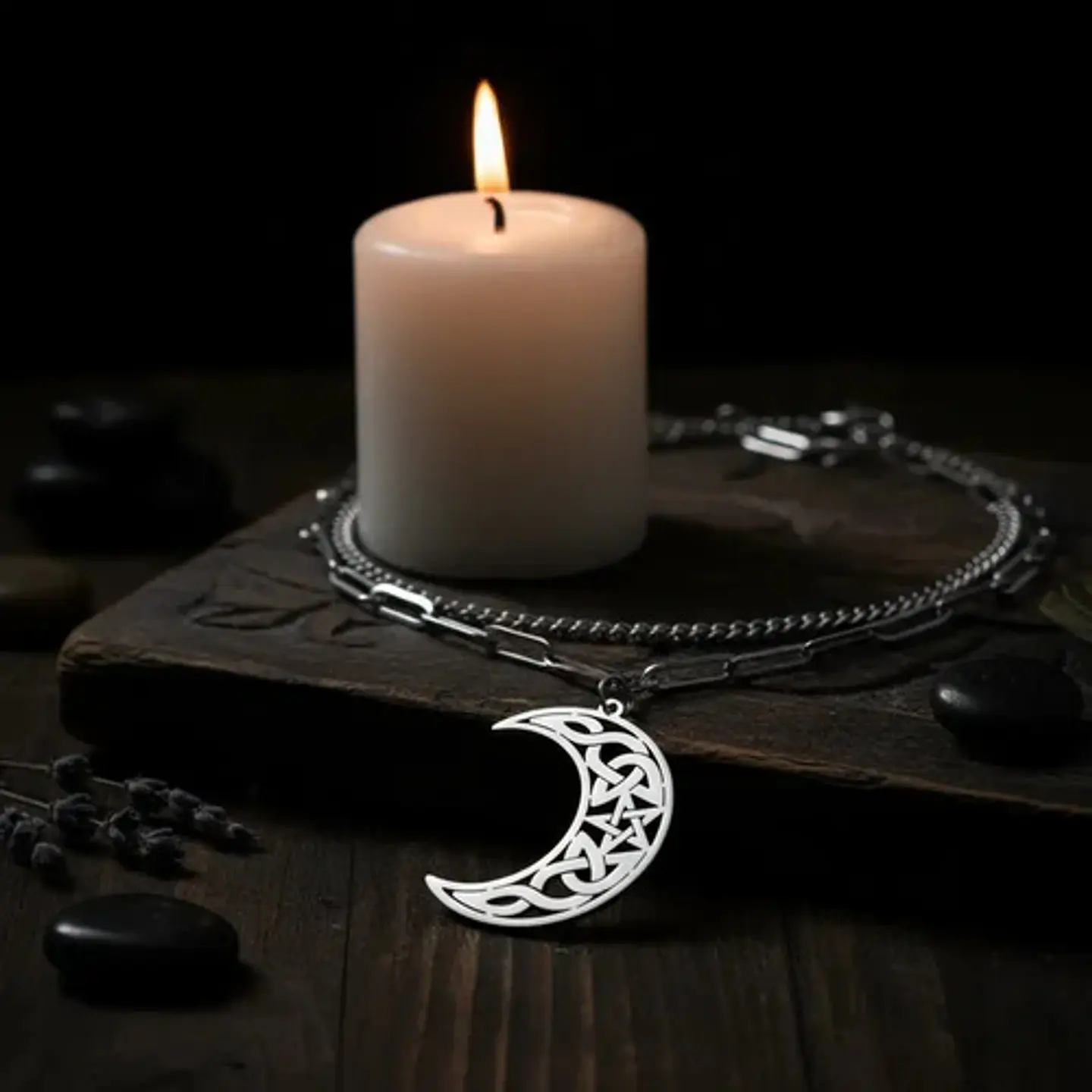 Collar En Acero Para Mujeres Dije Luna Creciente Wicca Bruja 20