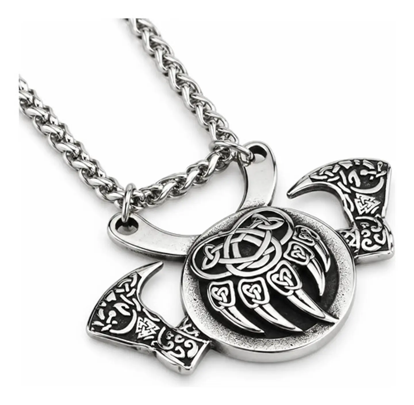 Collar Vikingo En Acero Para Hombres Dije Garra Oso Hachas 1
