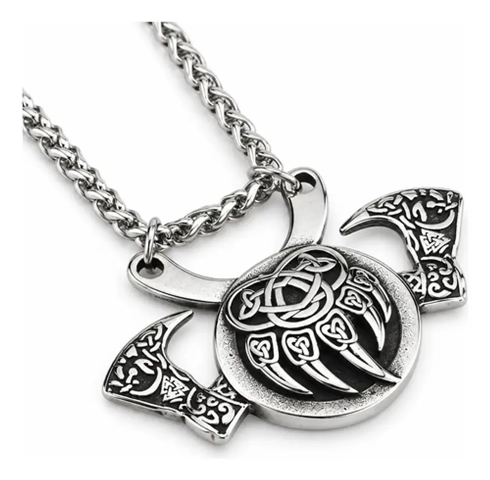 Collar Vikingo En Acero Para Hombres Dije Garra Oso Hachas 1