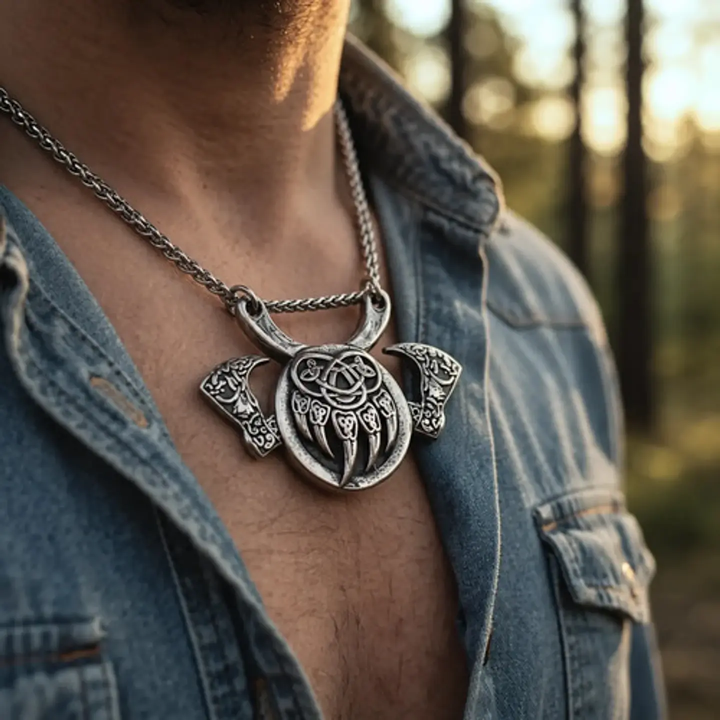 Collar Vikingo En Acero Para Hombres Dije Garra Oso Hachas 3