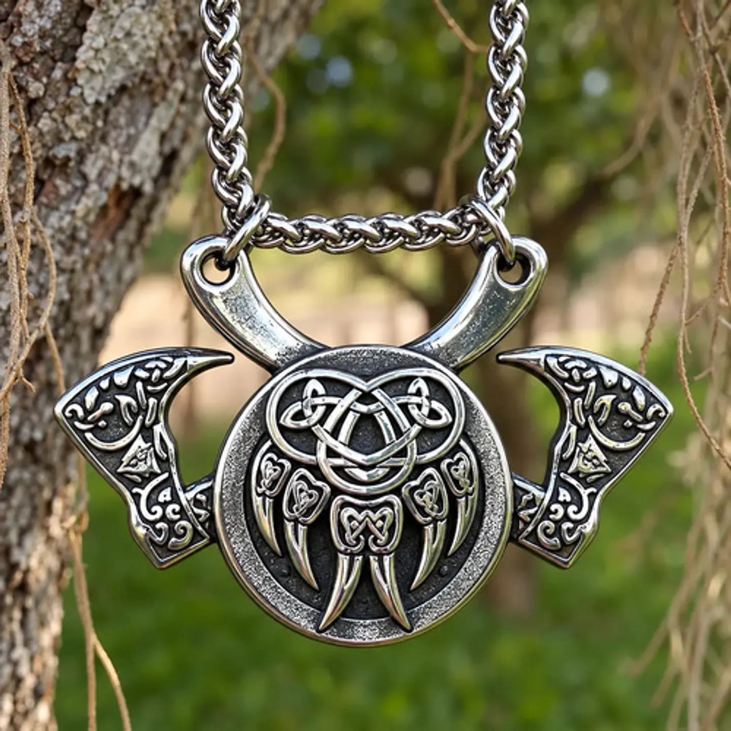 Collar Vikingo En Acero Para Hombres Dije Garra Oso Hachas 6