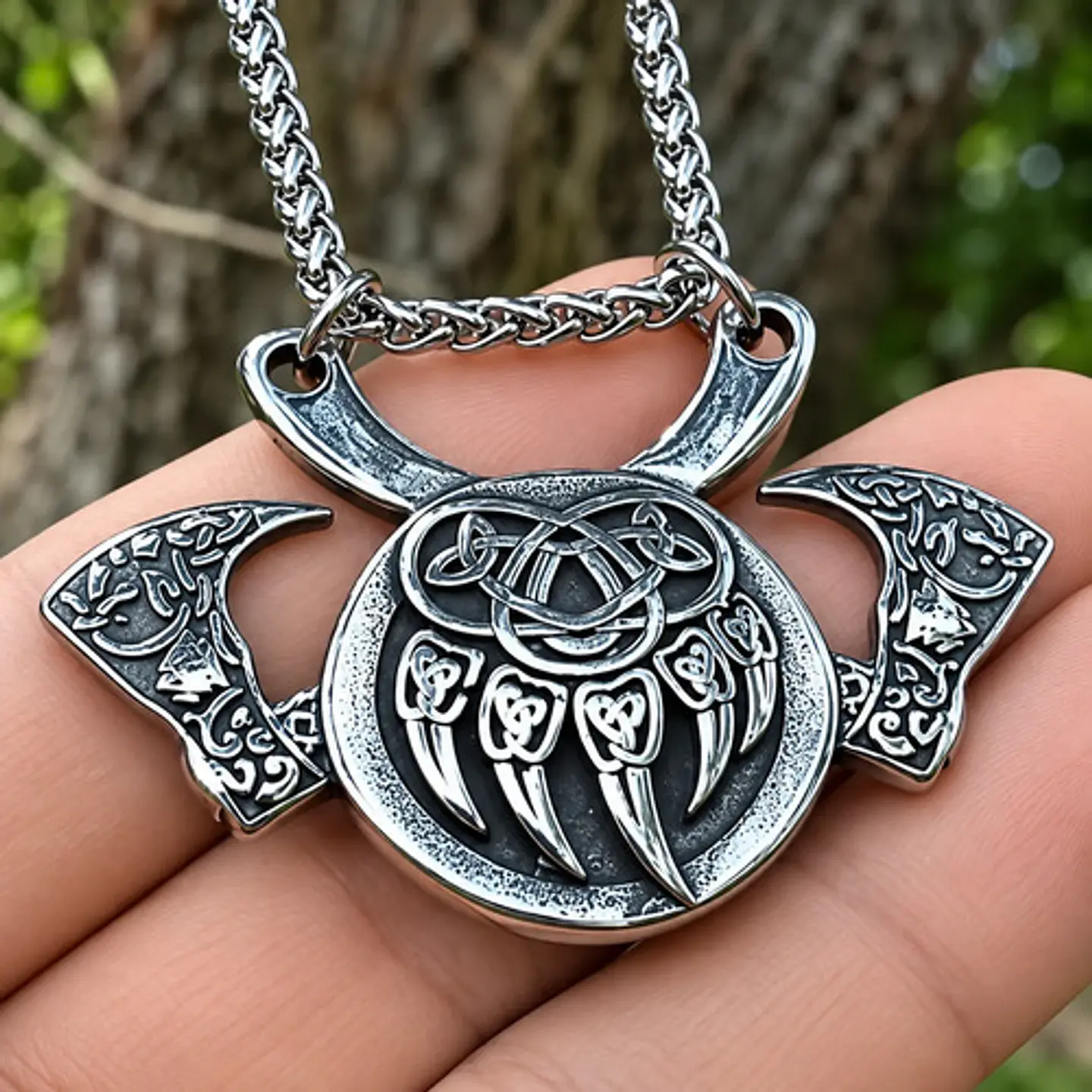 Collar Vikingo En Acero Para Hombres Dije Garra Oso Hachas 7