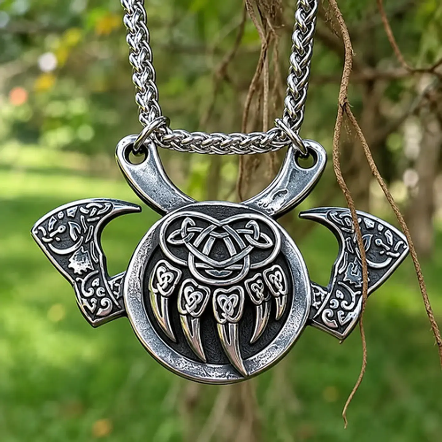 Collar Vikingo En Acero Para Hombres Dije Garra Oso Hachas 8