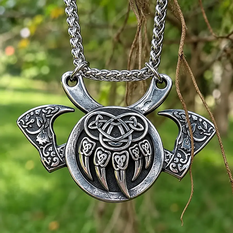Collar Vikingo En Acero Para Hombres Dije Garra Oso Hachas 8