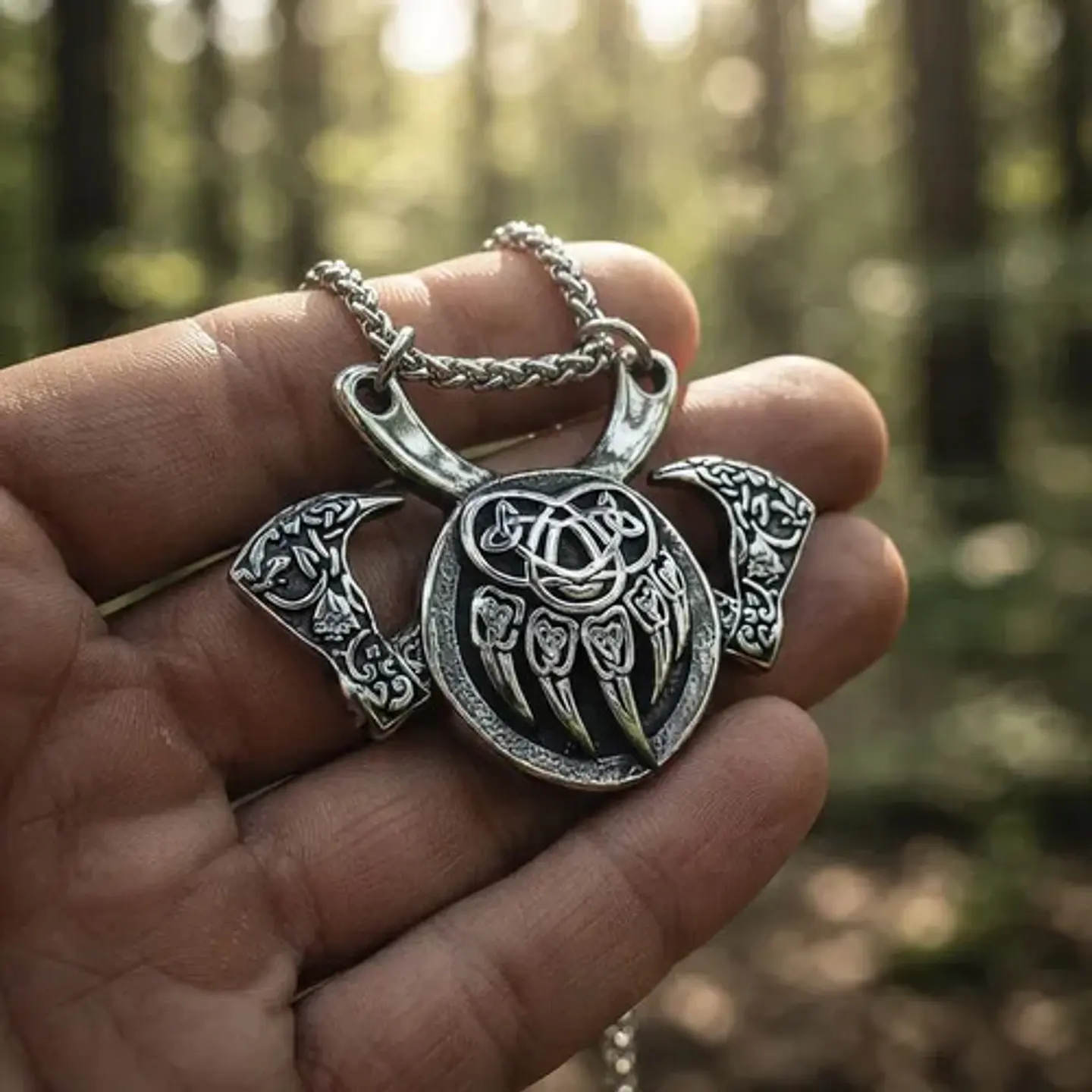 Collar Vikingo En Acero Para Hombres Dije Garra Oso Hachas 9