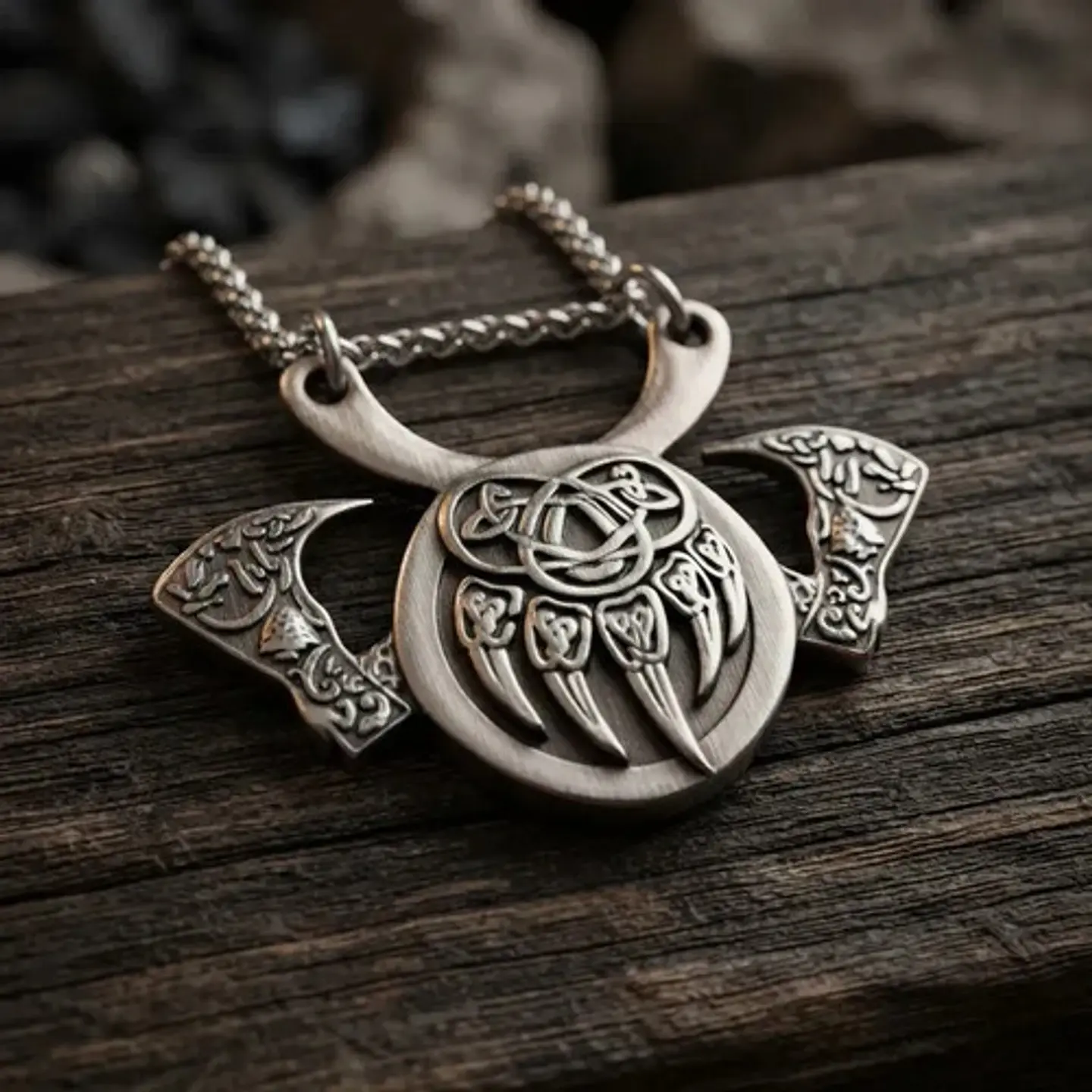 Collar Vikingo En Acero Para Hombres Dije Garra Oso Hachas 11