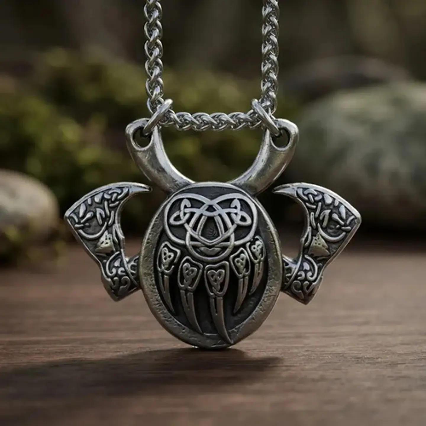 Collar Vikingo En Acero Para Hombres Dije Garra Oso Hachas 12