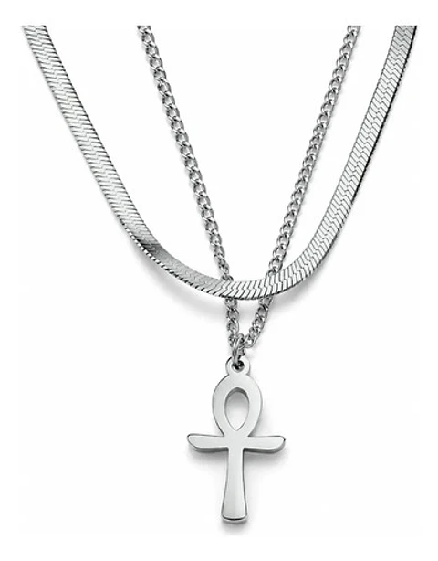 Collar Doble De Acero Para Mujeres Dije Cruz Ankh Egipcio