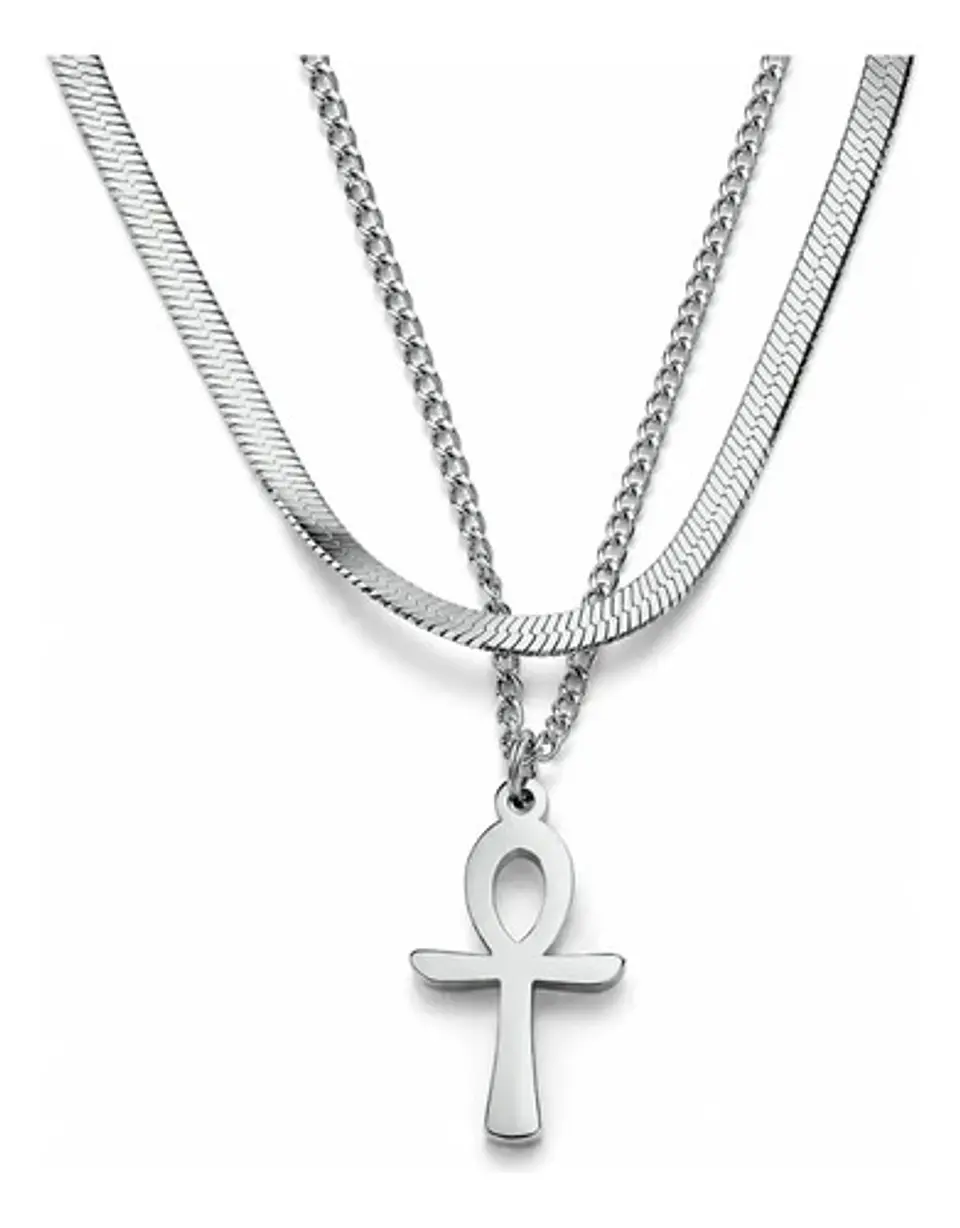 Collar Doble De Acero Para Mujeres Dije Cruz Ankh Egipcio 1
