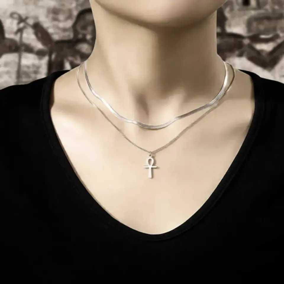 Collar Doble De Acero Para Mujeres Dije Cruz Ankh Egipcio 3
