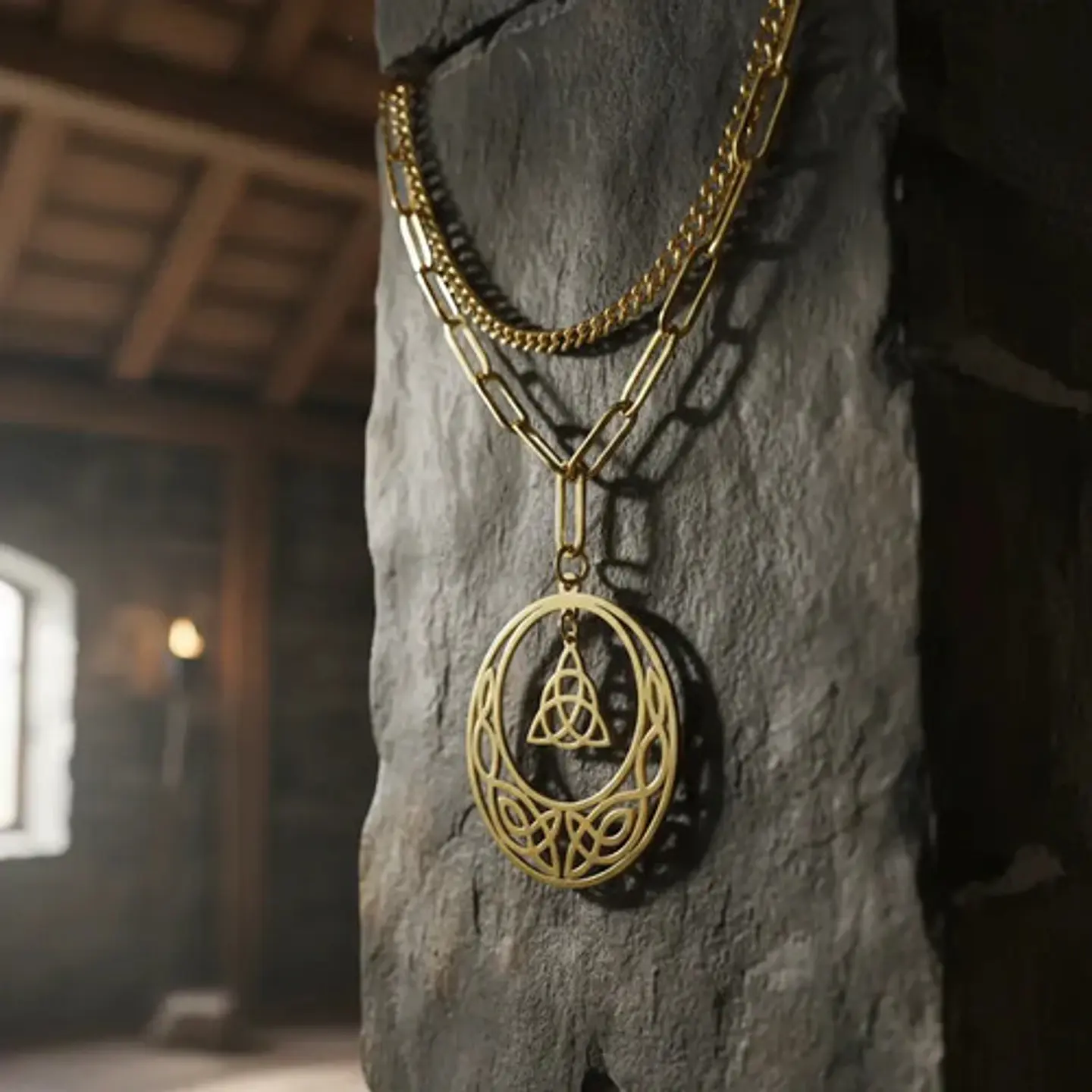 Collar Vikingo De Acero Para Mujer Dije Luna Triqueta Celta 3