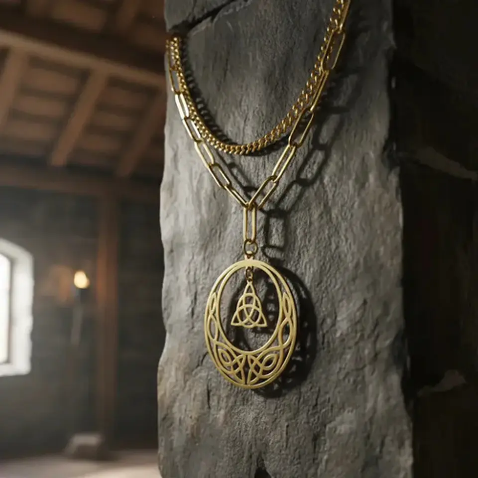 Collar Vikingo De Acero Para Mujer Dije Luna Triqueta Celta 3