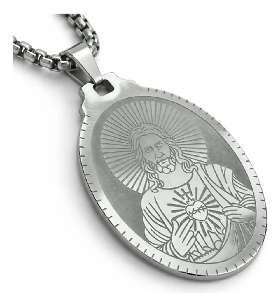 Collar De Acero Para Hombre Mujer Dije Jesús Sagrado Corazón 1