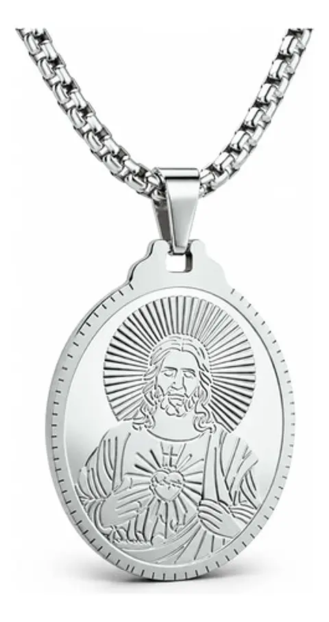 Collar De Acero Para Hombre Mujer Dije Jesús Sagrado Corazón
