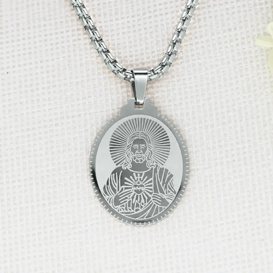 Collar De Acero Para Hombre Mujer Dije Jesús Sagrado Corazón 4