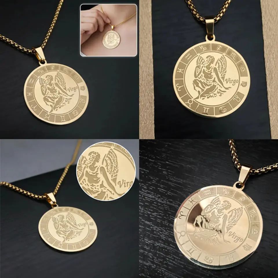 Collar De Acero Para Hombre Y Mujer Dije Signos Zodiacales 108