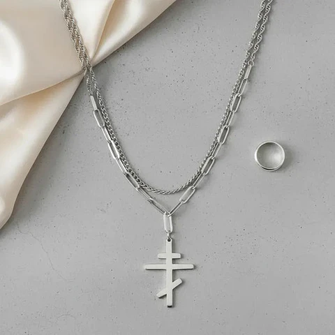 Collar Doble De Acero Para Hombre Y Mujer Dije Cruz Ortodoxa