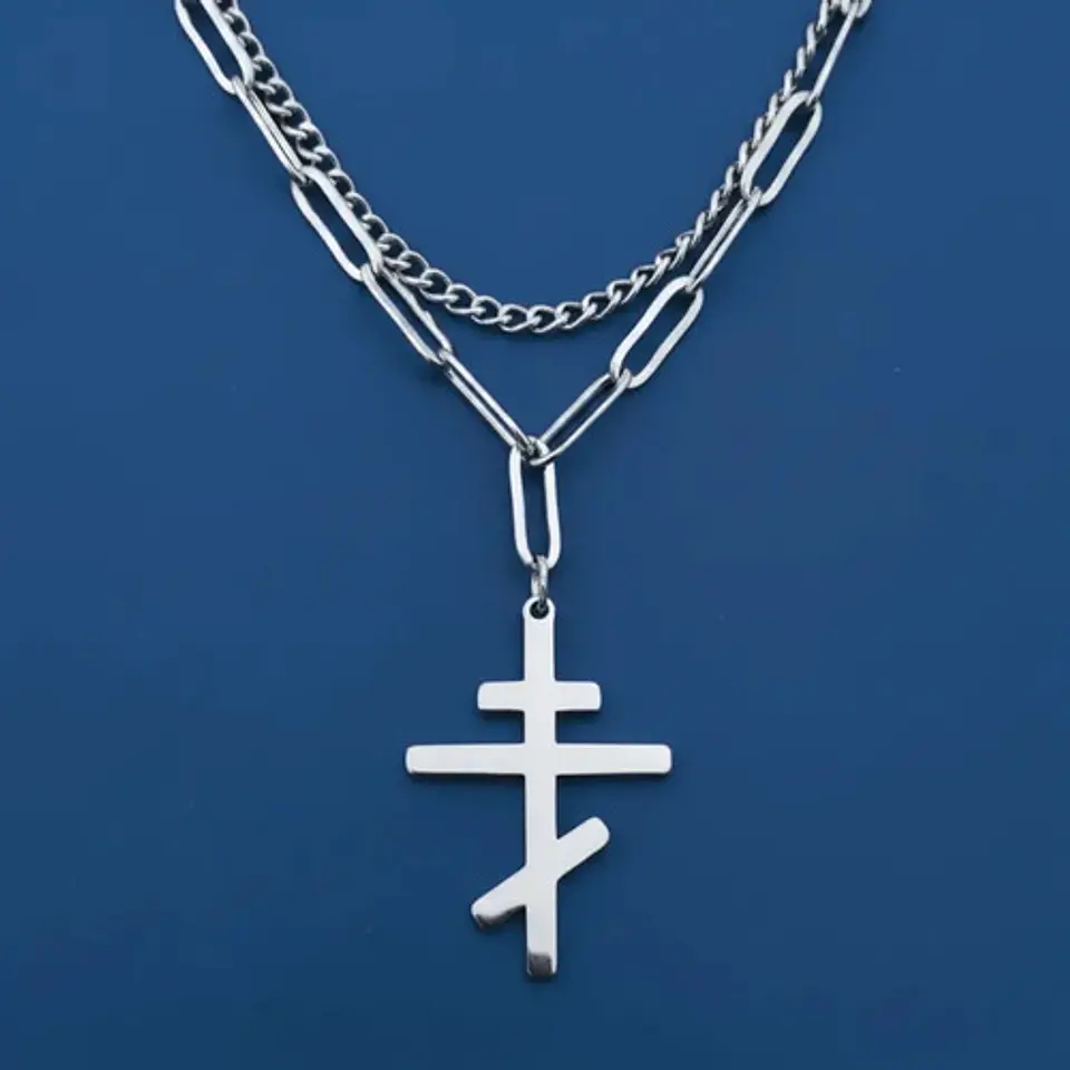 Collar Doble De Acero Para Hombre Y Mujer Dije Cruz Ortodoxa 6