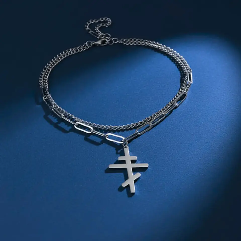 Collar Doble De Acero Para Hombre Y Mujer Dije Cruz Ortodoxa 7