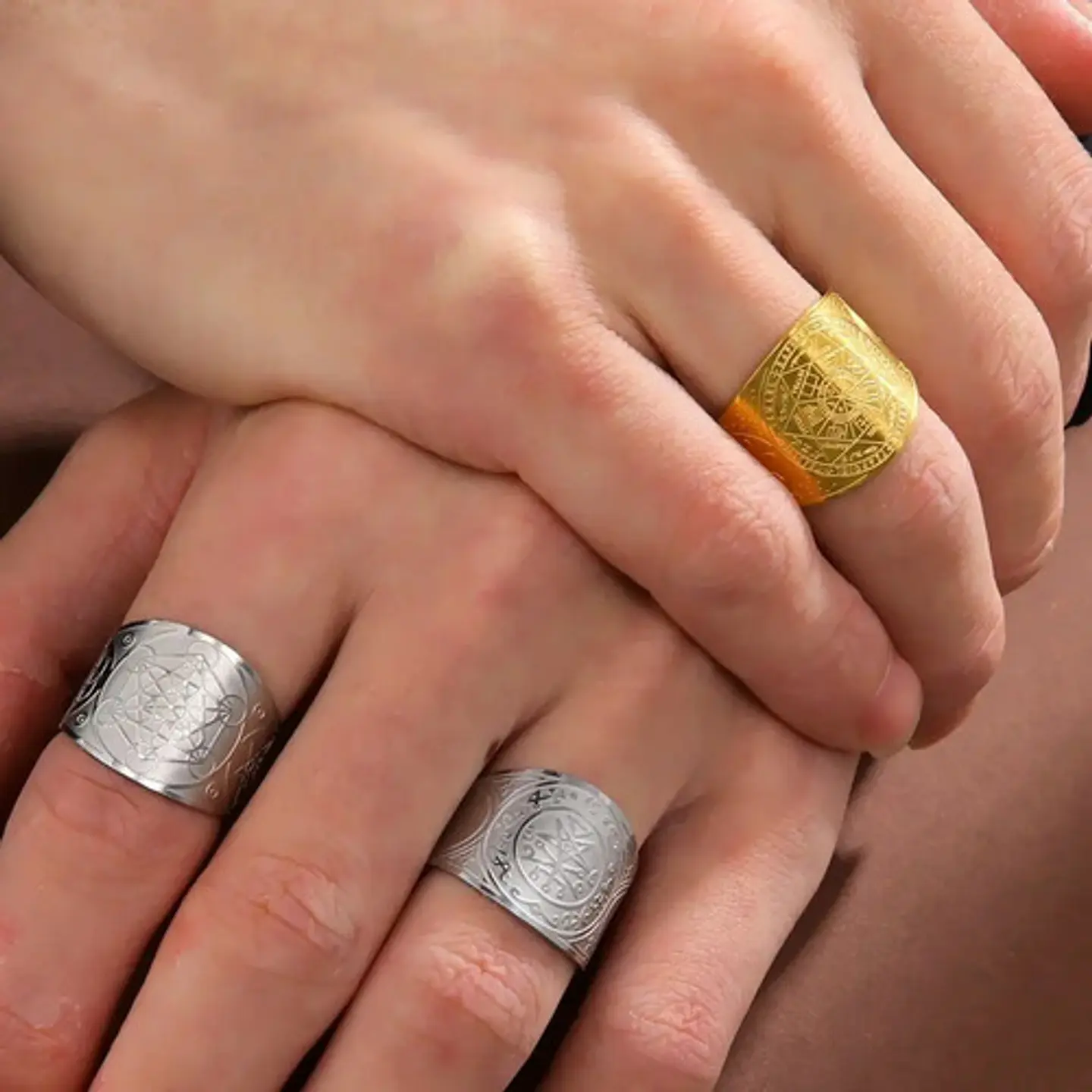 Anillo Acero Color Oro Amuleto Sello Arcángeles Hombre Mujer 16