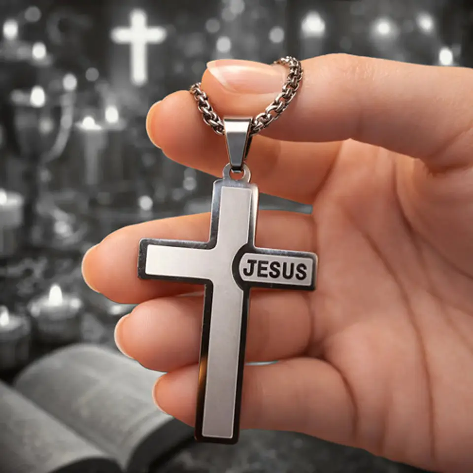 Collar Para Hombre Mujer Y Dije Cruz Jesus Acero Color Plata 13