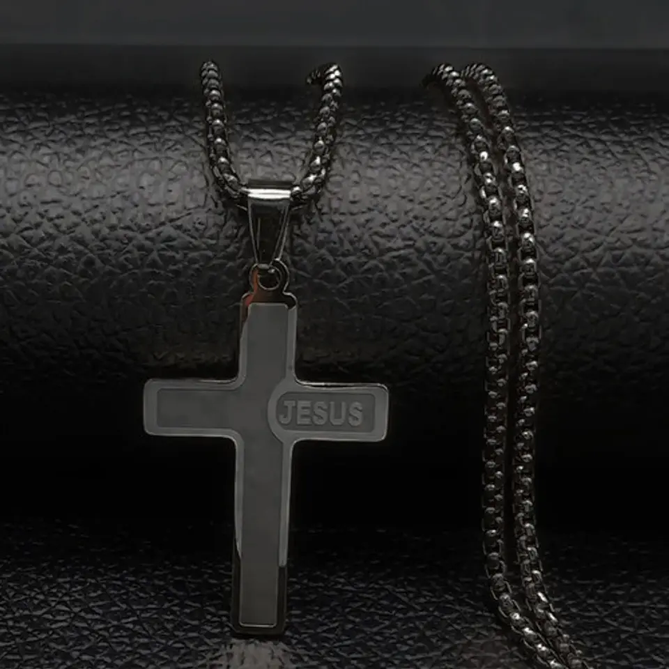 Collar Para Hombre Mujer Y Dije Cruz Jesus Acero Color Plata 24
