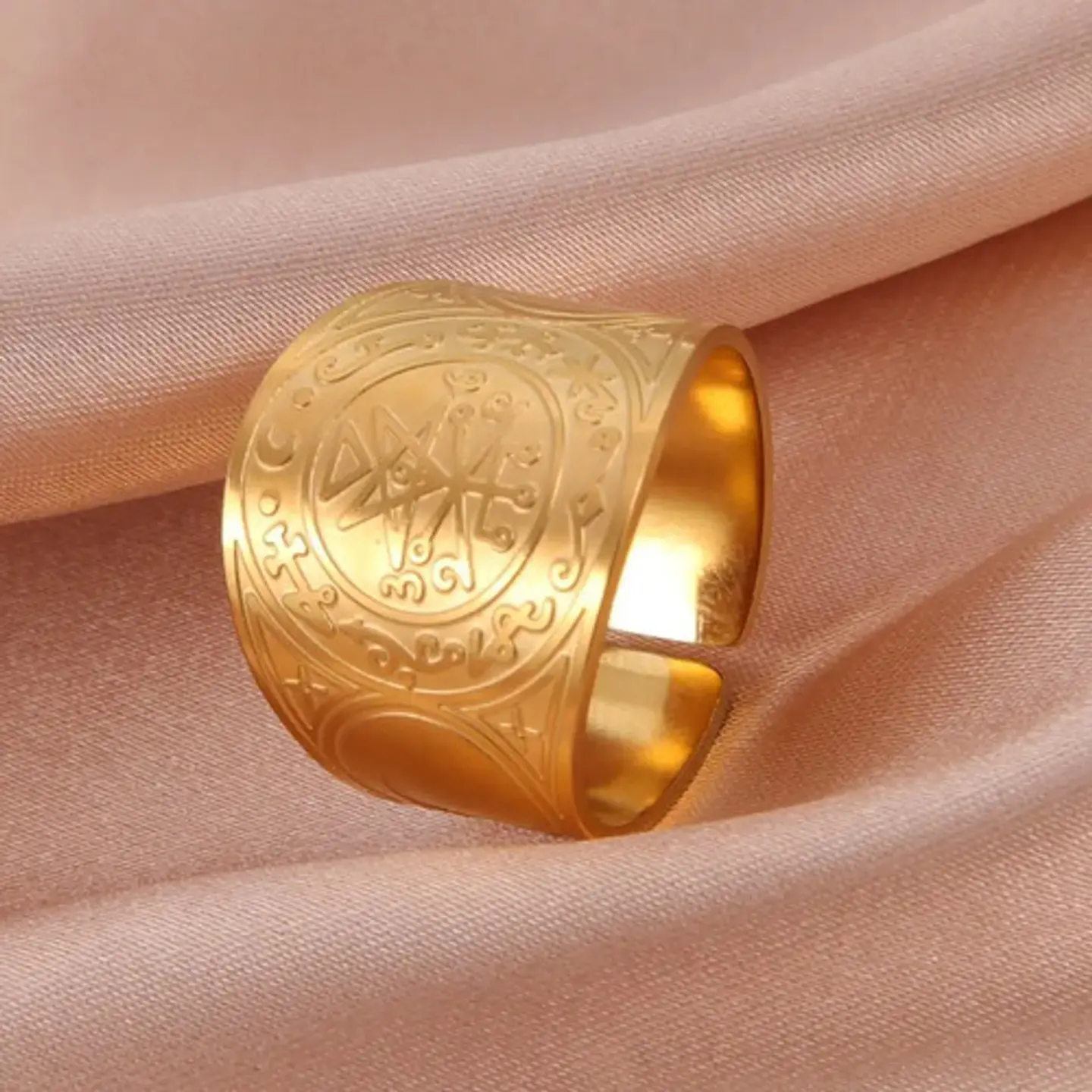Anillo Acero Color Oro Solomon Cabala Talismán Hombre Mujer 9