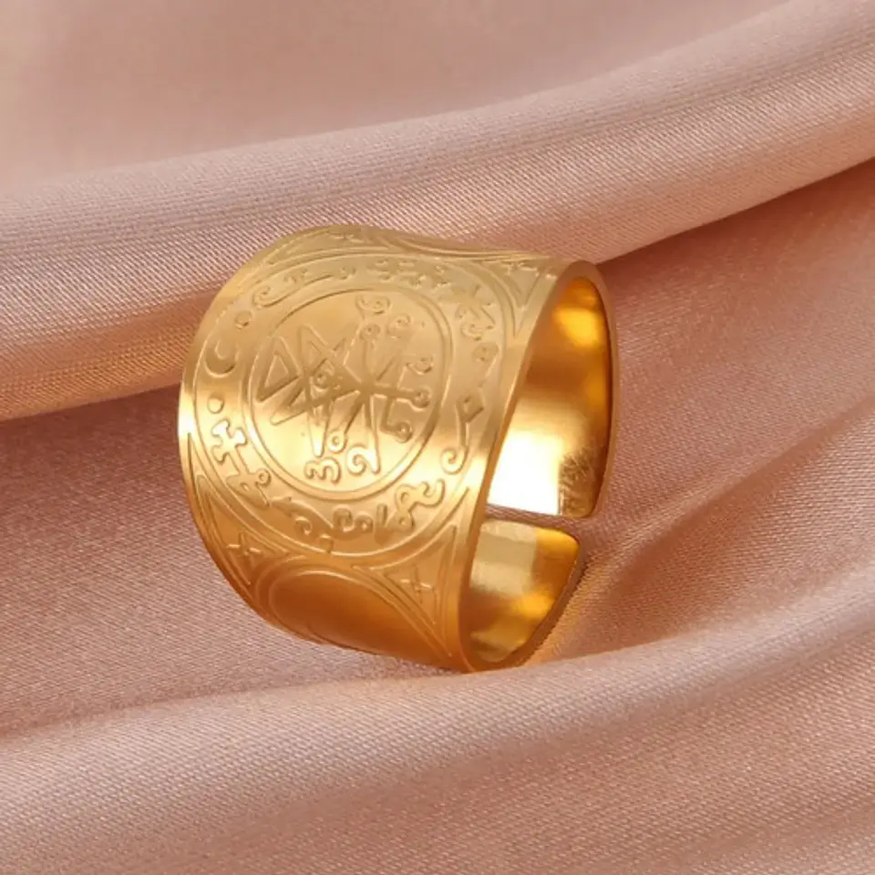 Anillo Acero Color Oro Solomon Cabala Talismán Hombre Mujer 9